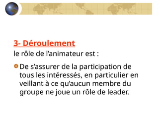 3- Déroulement
le rôle de l’animateur est :
De s’assurer de la participation de
tous les intéressés, en particulier en
veillant à ce qu’aucun membre du
groupe ne joue un rôle de leader.
 