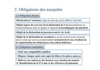 2. Obligations des assujettis
2.1 Obligations fiscales
•Déclaration d ’existence:( dans le mois qui suit le début d ’activité)
•Dépôt auprès du receveur de la déclaration de CA(mensuellement ou
trimestriellement selon le régime d ’imposition)accompagnée du paiement
•Dépôt de la déclaration de prorata avant le 1er Avril.
•Dépôt de la déclaration de cessation(en cas de cession ou de cessation
dans le mois qui suit la cessation) avec versement de la taxe résultant de
la régularisation des déductions et des clients débiteurs
2.2 Obligations comptables
• Tenir une comptabilité régulière
• Déposer chaque année une copie du bilan et les pièces annexes
• Délivrer aux acheteurs des factures avec mention du numéro
d ’identification de la TVA due et des références de paiement.
 