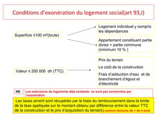Conditions d’exonération du logement social(art 93,I)
Superficie ≤100 m²(brute)
Appartement constituant partie
divise + partie commune
(minimum 10 % )
Logement individuel y compris
les dépendances
Valeur ≤ 200 000 dh (TTC)
Prix du terrain
Le coût de la construction
Frais d’adduction d’eau et de
branchement d’égout et
d’électricité
Les extensions de logements déjà existants ne sont pas concernées par
l’exonération
NB
Les taxes amont sont récupérés par le biais du remboursement dans la limite
de la taxe appliquée sur le montant obtenu par différence entre la valeur TTC
de la construction et le prix d’acquisition du terrain(à exclure factures de + de 4 ans)
 