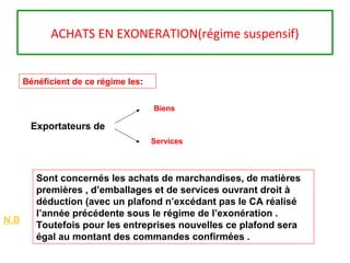 ACHATS EN EXONERATION(régime suspensif)
Exportateurs de
Biens
Services
Sont concernés les achats de marchandises, de matières
premières , d’emballages et de services ouvrant droit à
déduction (avec un plafond n’excédant pas le CA réalisé
l’année précédente sous le régime de l’exonération .
Toutefois pour les entreprises nouvelles ce plafond sera
égal au montant des commandes confirmées .
N.B
Bénéficient de ce régime les:
 