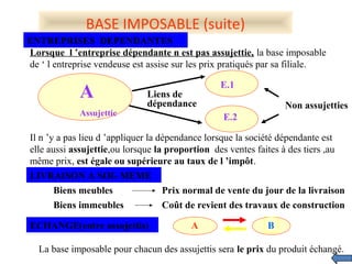 BASE IMPOSABLE (suite)
ENTREPRISES DEPENDANTES
Lorsque l ’entreprise dépendante n est pas assujettie, la base imposable
de ‘ l entreprise vendeuse est assise sur les prix pratiqués par sa filiale.
Liens de
dépendance Non assujetties
A
Assujettie
E.1
E.2
Il n ’y a pas lieu d ’appliquer la dépendance lorsque la société dépendante est
elle aussi assujettie,ou lorsque la proportion des ventes faites à des tiers ,au
même prix, est égale ou supérieure au taux de l ’impôt.
LIVRAISON A SOI- MEME
Biens meubles Prix normal de vente du jour de la livraison
Biens immeubles Coût de revient des travaux de construction
ECHANGE(entre assujettis) A B
La base imposable pour chacun des assujettis sera le prix du produit échangé.
 