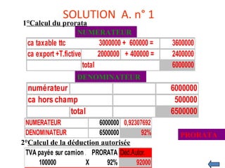 SOLUTION A. n° 1
ca taxable ttc 3000000 + 600000 = 3600000
ca export +T.fictive 2000000 + 400000 = 24000002000000 + 400000 = 24000002400000
total 6000000
numérateur 6000000
ca hors champ 500000
total 6500000
NUMERATEUR 6000000 0,92307692
DENOMINATEUR 6500000 92%
NUMERATEUR
DENOMINATEUR
PRORATA
1°Calcul du prorata
2°Calcul de la déduction autorisée
TVA payée sur camion X PRORATAPRORATA Déd.Autor.
100000 X 92% 92000
 