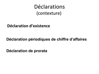 Déclarations
(contexture)
Déclaration d’existence
Déclaration périodiques de chiffre d’affaires
Déclaration de prorata
 