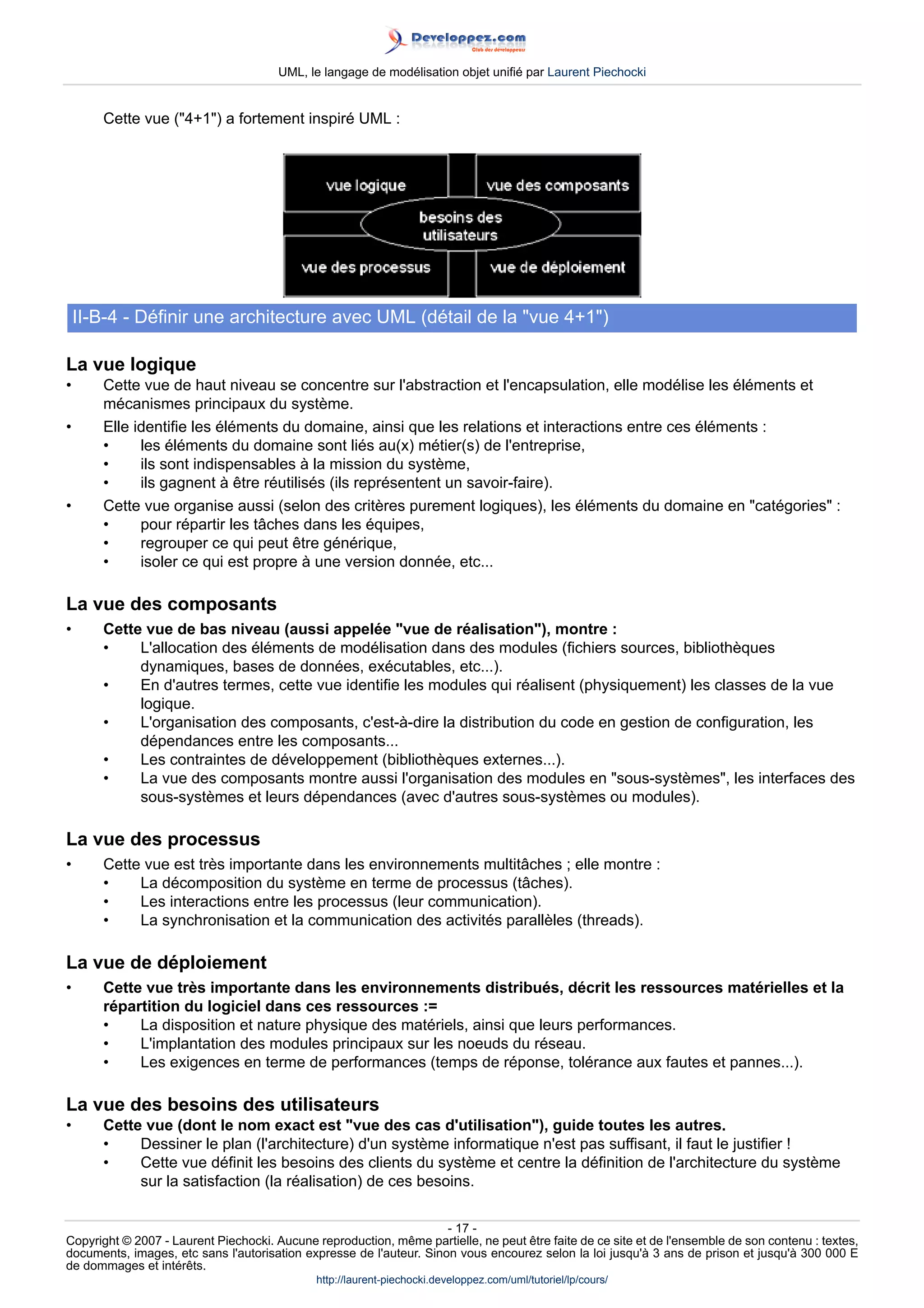 UML, le langage de modélisation objet unifié par Laurent Piechocki


       Cette vue (4+1) a fortement inspiré UML :




    II-B-4 - Définir une architecture avec UML (détail de la vue 4+1)

La vue logique
•      Cette vue de haut niveau se concentre sur l'abstraction et l'encapsulation, elle modélise les éléments et
       mécanismes principaux du système.
•      Elle identifie les éléments du domaine, ainsi que les relations et interactions entre ces éléments :
       •     les éléments du domaine sont liés au(x) métier(s) de l'entreprise,
       •     ils sont indispensables à la mission du système,
       •     ils gagnent à être réutilisés (ils représentent un savoir-faire).
•      Cette vue organise aussi (selon des critères purement logiques), les éléments du domaine en catégories :
       •     pour répartir les tâches dans les équipes,
       •     regrouper ce qui peut être générique,
       •     isoler ce qui est propre à une version donnée, etc...

La vue des composants
•      Cette vue de bas niveau (aussi appelée vue de réalisation), montre :
       •    L'allocation des éléments de modélisation dans des modules (fichiers sources, bibliothèques
            dynamiques, bases de données, exécutables, etc...).
       •    En d'autres termes, cette vue identifie les modules qui réalisent (physiquement) les classes de la vue
            logique.
       •    L'organisation des composants, c'est-à-dire la distribution du code en gestion de configuration, les
            dépendances entre les composants...
       •    Les contraintes de développement (bibliothèques externes...).
       •    La vue des composants montre aussi l'organisation des modules en sous-systèmes, les interfaces des
            sous-systèmes et leurs dépendances (avec d'autres sous-systèmes ou modules).

La vue des processus
•      Cette vue est très importante dans les environnements multitâches ; elle montre :
       •    La décomposition du système en terme de processus (tâches).
       •    Les interactions entre les processus (leur communication).
       •    La synchronisation et la communication des activités parallèles (threads).

La vue de déploiement
•      Cette vue très importante dans les environnements distribués, décrit les ressources matérielles et la
       répartition du logiciel dans ces ressources :=
       •    La disposition et nature physique des matériels, ainsi que leurs performances.
       •    L'implantation des modules principaux sur les noeuds du réseau.
       •    Les exigences en terme de performances (temps de réponse, tolérance aux fautes et pannes...).

La vue des besoins des utilisateurs
•      Cette vue (dont le nom exact est vue des cas d'utilisation), guide toutes les autres.
       •    Dessiner le plan (l'architecture) d'un système informatique n'est pas suffisant, il faut le justifier !
       •    Cette vue définit les besoins des clients du système et centre la définition de l'architecture du système
            sur la satisfaction (la réalisation) de ces besoins.

                                                                     - 17 -
Copyright © 2007 - Laurent Piechocki. Aucune reproduction, même partielle, ne peut être faite de ce site et de l'ensemble de son contenu : textes,
documents, images, etc sans l'autorisation expresse de l'auteur. Sinon vous encourez selon la loi jusqu'à 3 ans de prison et jusqu'à 300 000 E
de dommages et intérêts.
                                              http://laurent-piechocki.developpez.com/uml/tutoriel/lp/cours/
 