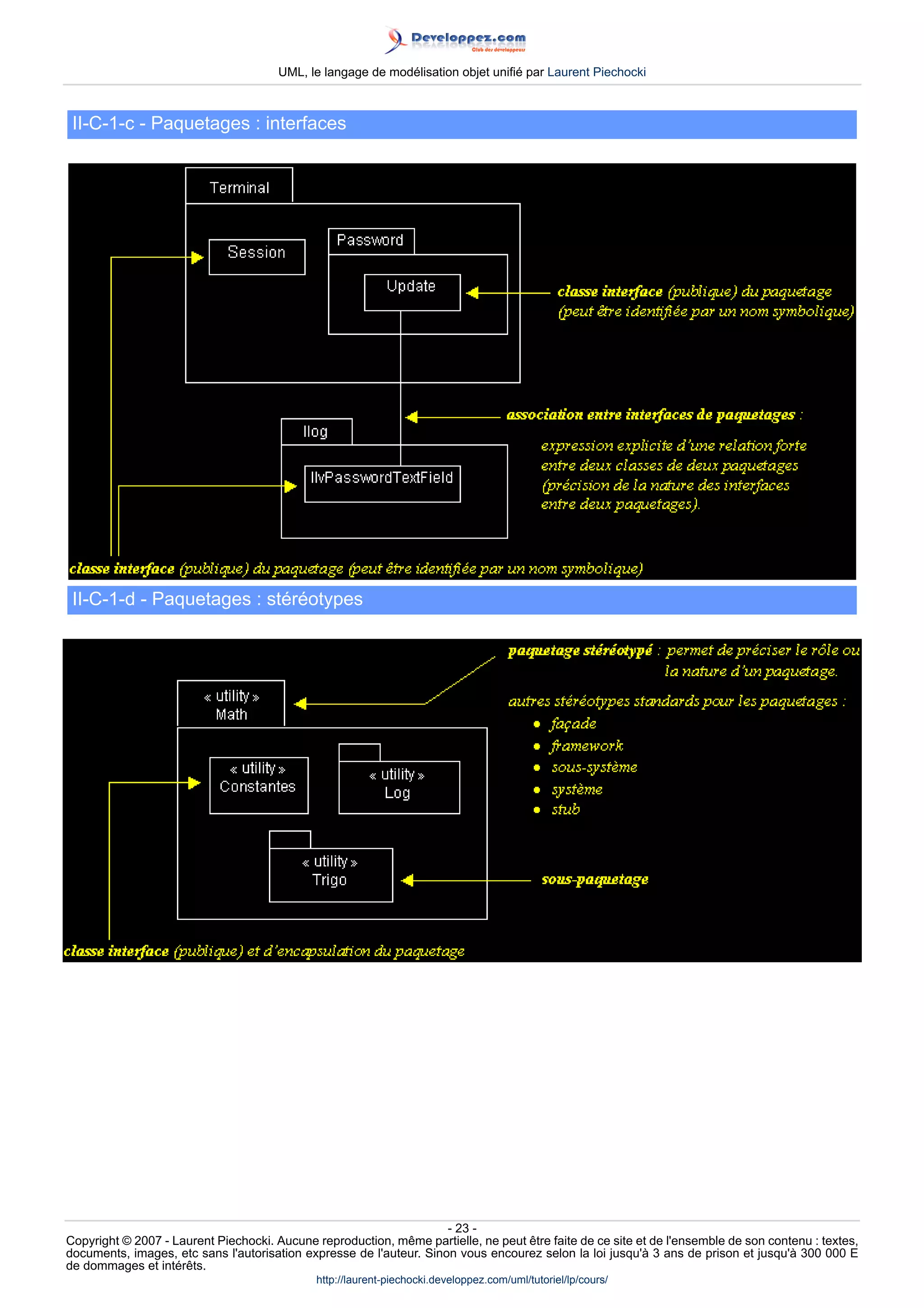 UML, le langage de modélisation objet unifié par Laurent Piechocki



 II-C-1-c - Paquetages : interfaces




 II-C-1-d - Paquetages : stéréotypes




                                                                     - 23 -
Copyright © 2007 - Laurent Piechocki. Aucune reproduction, même partielle, ne peut être faite de ce site et de l'ensemble de son contenu : textes,
documents, images, etc sans l'autorisation expresse de l'auteur. Sinon vous encourez selon la loi jusqu'à 3 ans de prison et jusqu'à 300 000 E
de dommages et intérêts.
                                              http://laurent-piechocki.developpez.com/uml/tutoriel/lp/cours/
 