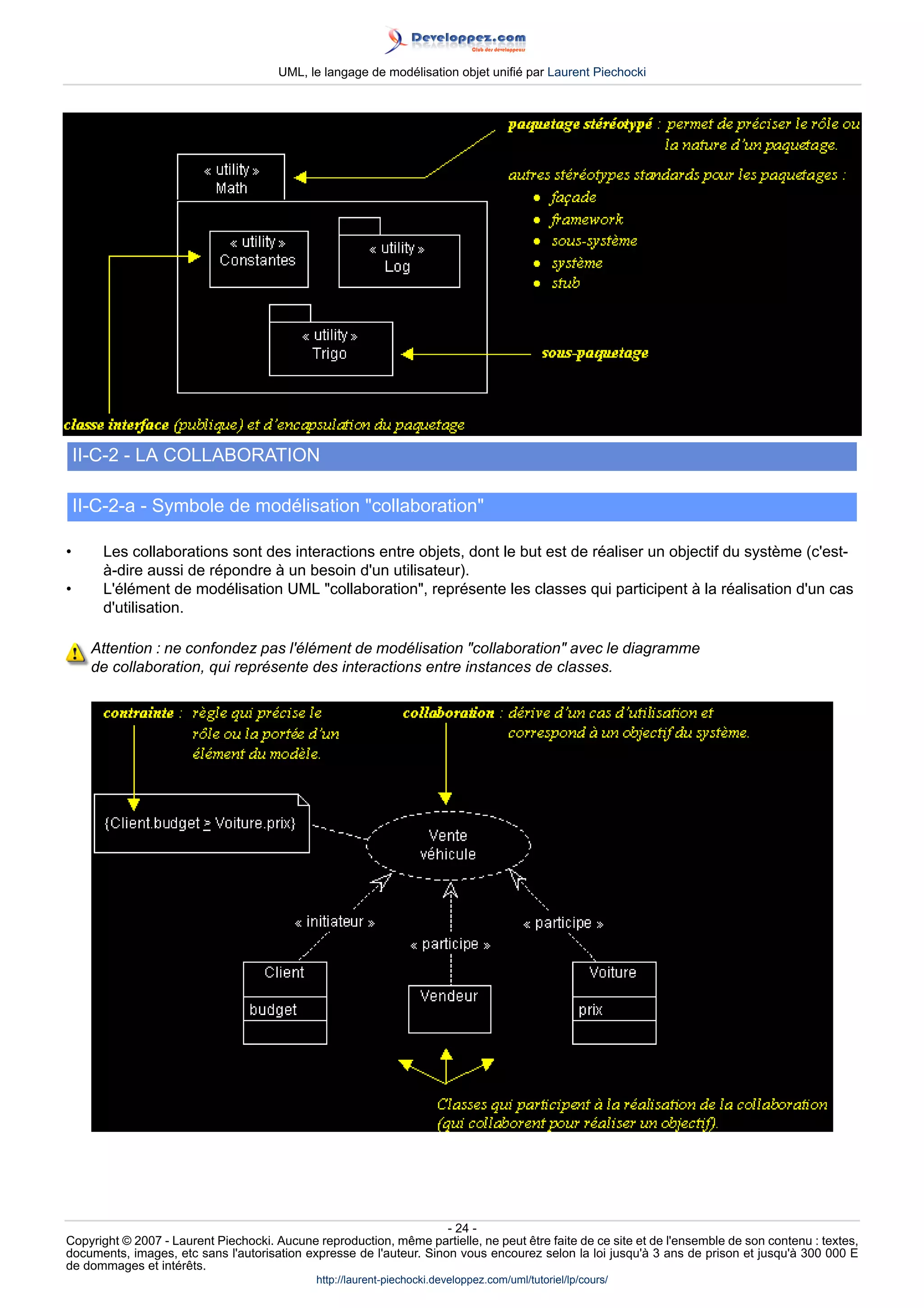 UML, le langage de modélisation objet unifié par Laurent Piechocki




    II-C-2 - LA COLLABORATION

    II-C-2-a - Symbole de modélisation collaboration

•      Les collaborations sont des interactions entre objets, dont le but est de réaliser un objectif du système (c'est-
       à-dire aussi de répondre à un besoin d'un utilisateur).
•      L'élément de modélisation UML collaboration, représente les classes qui participent à la réalisation d'un cas
       d'utilisation.

      Attention : ne confondez pas l'élément de modélisation collaboration avec le diagramme
      de collaboration, qui représente des interactions entre instances de classes.




                                                                     - 24 -
Copyright © 2007 - Laurent Piechocki. Aucune reproduction, même partielle, ne peut être faite de ce site et de l'ensemble de son contenu : textes,
documents, images, etc sans l'autorisation expresse de l'auteur. Sinon vous encourez selon la loi jusqu'à 3 ans de prison et jusqu'à 300 000 E
de dommages et intérêts.
                                              http://laurent-piechocki.developpez.com/uml/tutoriel/lp/cours/
 