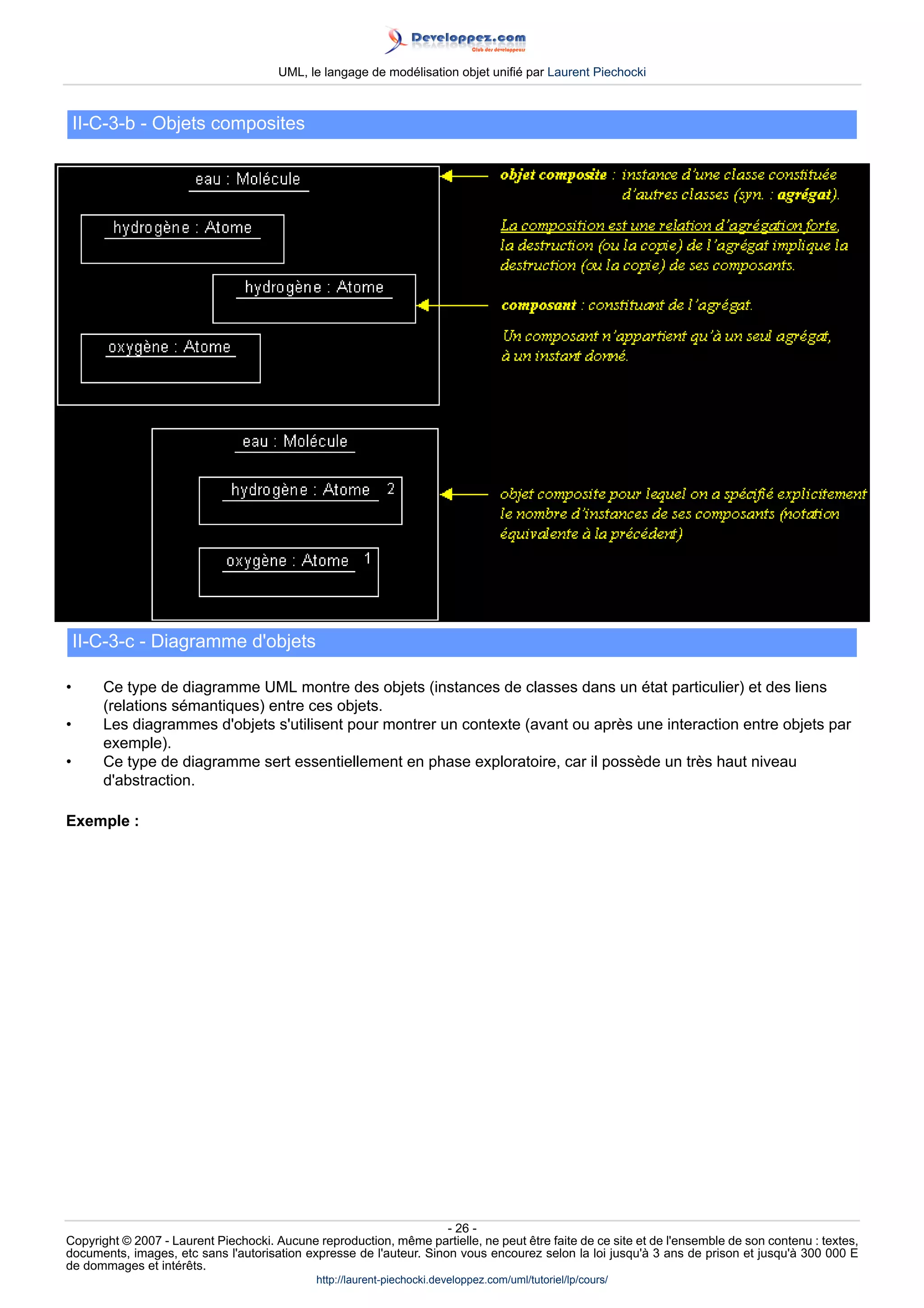 UML, le langage de modélisation objet unifié par Laurent Piechocki



    II-C-3-b - Objets composites




    II-C-3-c - Diagramme d'objets

•      Ce type de diagramme UML montre des objets (instances de classes dans un état particulier) et des liens
       (relations sémantiques) entre ces objets.
•      Les diagrammes d'objets s'utilisent pour montrer un contexte (avant ou après une interaction entre objets par
       exemple).
•      Ce type de diagramme sert essentiellement en phase exploratoire, car il possède un très haut niveau
       d'abstraction.

Exemple :




                                                                     - 26 -
Copyright © 2007 - Laurent Piechocki. Aucune reproduction, même partielle, ne peut être faite de ce site et de l'ensemble de son contenu : textes,
documents, images, etc sans l'autorisation expresse de l'auteur. Sinon vous encourez selon la loi jusqu'à 3 ans de prison et jusqu'à 300 000 E
de dommages et intérêts.
                                              http://laurent-piechocki.developpez.com/uml/tutoriel/lp/cours/
 