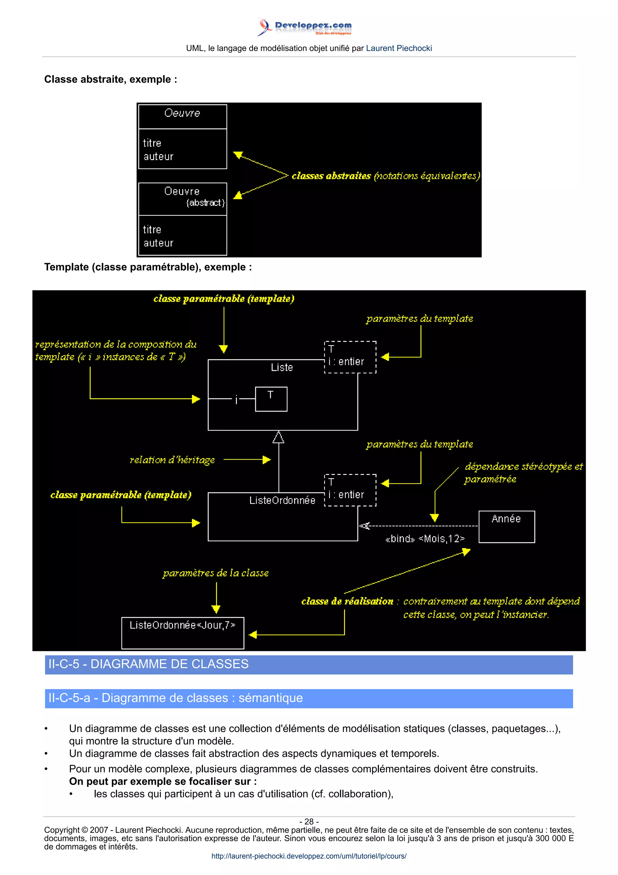 UML, le langage de modélisation objet unifié par Laurent Piechocki


Classe abstraite, exemple :




Template (classe paramétrable), exemple :




    II-C-5 - DIAGRAMME DE CLASSES

    II-C-5-a - Diagramme de classes : sémantique

•      Un diagramme de classes est une collection d'éléments de modélisation statiques (classes, paquetages...),
       qui montre la structure d'un modèle.
•      Un diagramme de classes fait abstraction des aspects dynamiques et temporels.
•      Pour un modèle complexe, plusieurs diagrammes de classes complémentaires doivent être construits.
       On peut par exemple se focaliser sur :
       •    les classes qui participent à un cas d'utilisation (cf. collaboration),

                                                                     - 28 -
Copyright © 2007 - Laurent Piechocki. Aucune reproduction, même partielle, ne peut être faite de ce site et de l'ensemble de son contenu : textes,
documents, images, etc sans l'autorisation expresse de l'auteur. Sinon vous encourez selon la loi jusqu'à 3 ans de prison et jusqu'à 300 000 E
de dommages et intérêts.
                                              http://laurent-piechocki.developpez.com/uml/tutoriel/lp/cours/
 