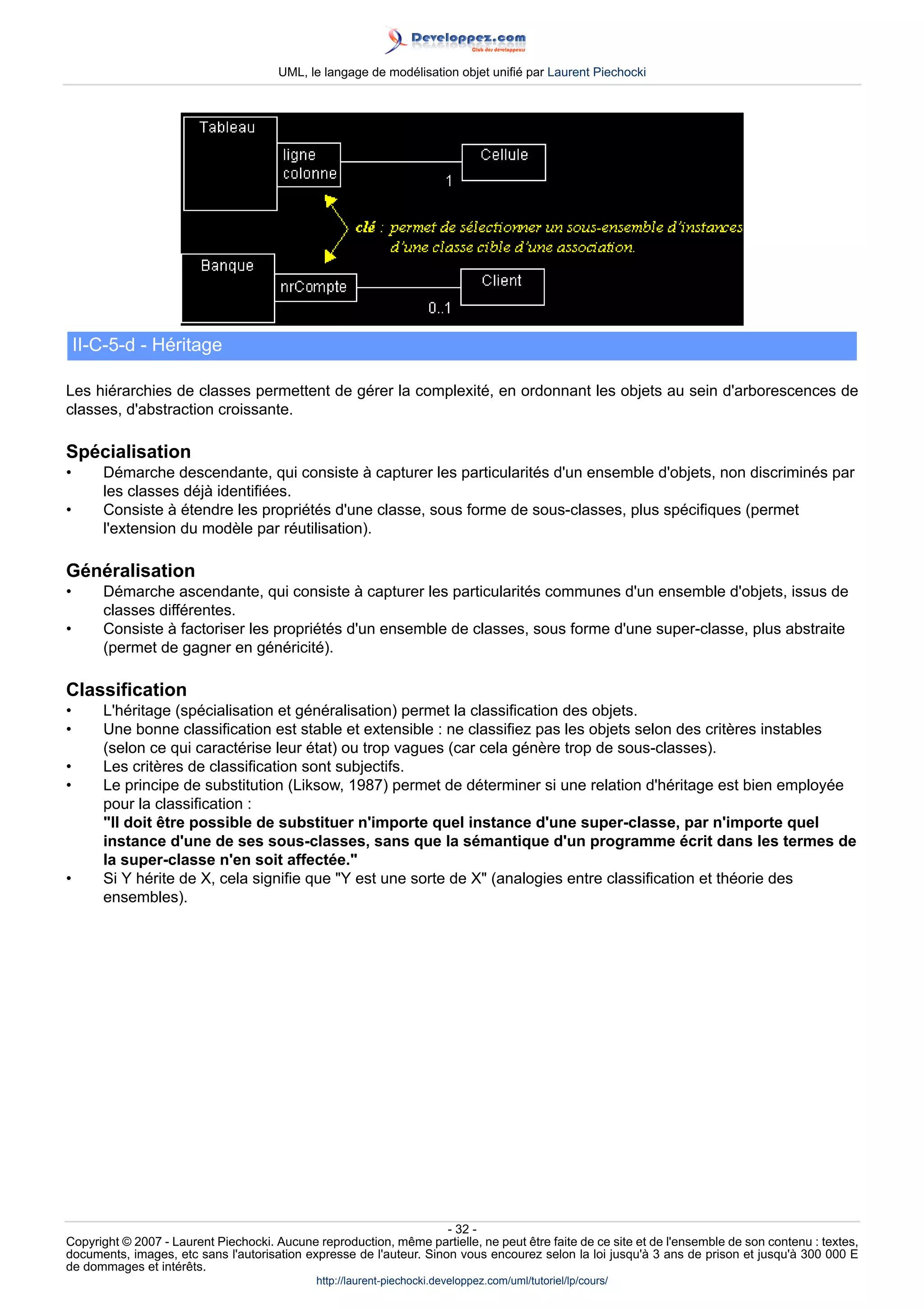 UML, le langage de modélisation objet unifié par Laurent Piechocki




    II-C-5-d - Héritage

Les hiérarchies de classes permettent de gérer la complexité, en ordonnant les objets au sein d'arborescences de
classes, d'abstraction croissante.

Spécialisation
•      Démarche descendante, qui consiste à capturer les particularités d'un ensemble d'objets, non discriminés par
       les classes déjà identifiées.
•      Consiste à étendre les propriétés d'une classe, sous forme de sous-classes, plus spécifiques (permet
       l'extension du modèle par réutilisation).

Généralisation
•      Démarche ascendante, qui consiste à capturer les particularités communes d'un ensemble d'objets, issus de
       classes différentes.
•      Consiste à factoriser les propriétés d'un ensemble de classes, sous forme d'une super-classe, plus abstraite
       (permet de gagner en généricité).

Classification
•      L'héritage (spécialisation et généralisation) permet la classification des objets.
•      Une bonne classification est stable et extensible : ne classifiez pas les objets selon des critères instables
       (selon ce qui caractérise leur état) ou trop vagues (car cela génère trop de sous-classes).
•      Les critères de classification sont subjectifs.
•      Le principe de substitution (Liksow, 1987) permet de déterminer si une relation d'héritage est bien employée
       pour la classification :
       Il doit être possible de substituer n'importe quel instance d'une super-classe, par n'importe quel
       instance d'une de ses sous-classes, sans que la sémantique d'un programme écrit dans les termes de
       la super-classe n'en soit affectée.
•      Si Y hérite de X, cela signifie que Y est une sorte de X (analogies entre classification et théorie des
       ensembles).




                                                                     - 32 -
Copyright © 2007 - Laurent Piechocki. Aucune reproduction, même partielle, ne peut être faite de ce site et de l'ensemble de son contenu : textes,
documents, images, etc sans l'autorisation expresse de l'auteur. Sinon vous encourez selon la loi jusqu'à 3 ans de prison et jusqu'à 300 000 E
de dommages et intérêts.
                                              http://laurent-piechocki.developpez.com/uml/tutoriel/lp/cours/
 