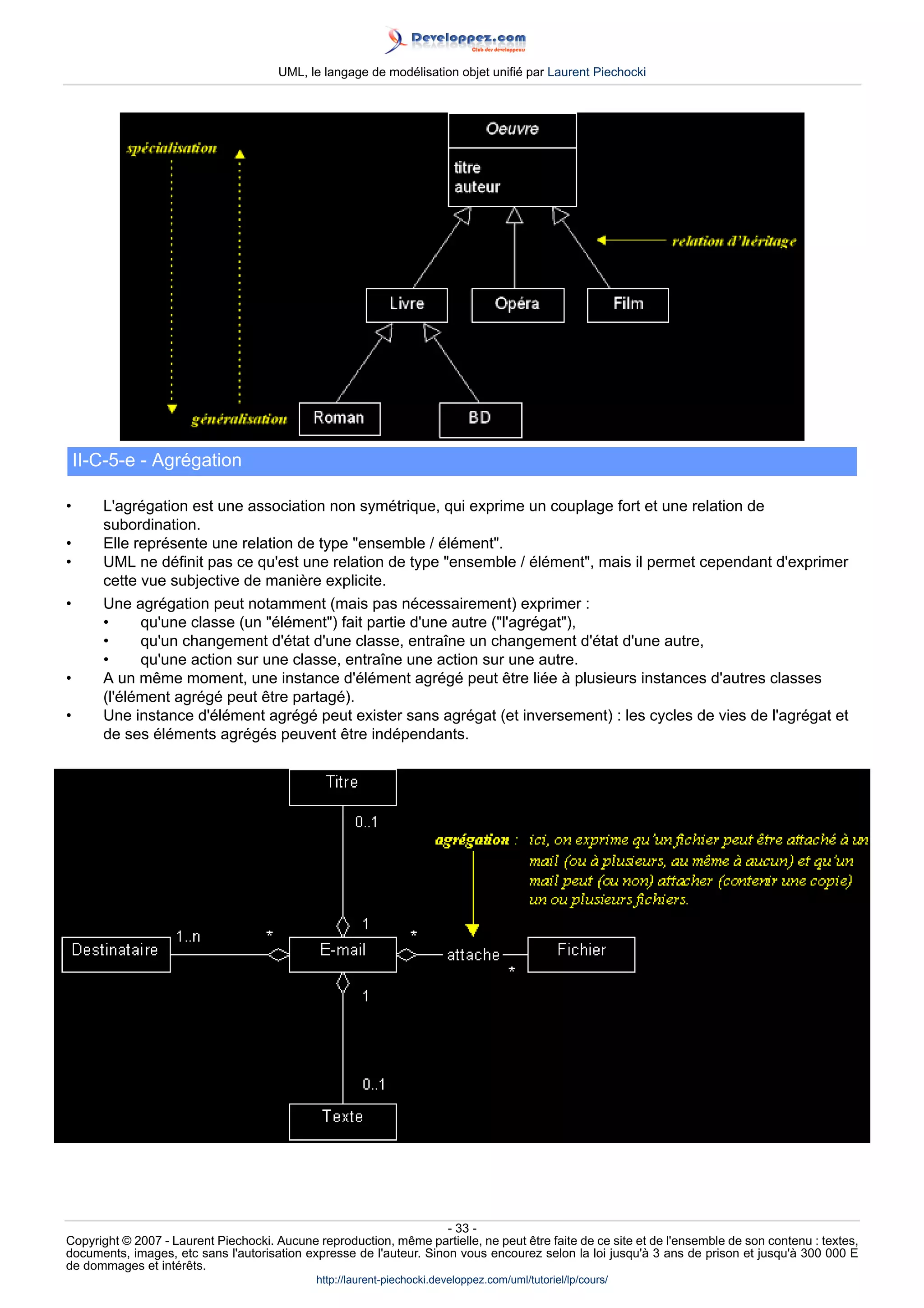 UML, le langage de modélisation objet unifié par Laurent Piechocki




    II-C-5-e - Agrégation

•      L'agrégation est une association non symétrique, qui exprime un couplage fort et une relation de
       subordination.
•      Elle représente une relation de type ensemble / élément.
•      UML ne définit pas ce qu'est une relation de type ensemble / élément, mais il permet cependant d'exprimer
       cette vue subjective de manière explicite.
•      Une agrégation peut notamment (mais pas nécessairement) exprimer :
       •     qu'une classe (un élément) fait partie d'une autre (l'agrégat),
       •     qu'un changement d'état d'une classe, entraîne un changement d'état d'une autre,
       •     qu'une action sur une classe, entraîne une action sur une autre.
•      A un même moment, une instance d'élément agrégé peut être liée à plusieurs instances d'autres classes
       (l'élément agrégé peut être partagé).
•      Une instance d'élément agrégé peut exister sans agrégat (et inversement) : les cycles de vies de l'agrégat et
       de ses éléments agrégés peuvent être indépendants.




                                                                     - 33 -
Copyright © 2007 - Laurent Piechocki. Aucune reproduction, même partielle, ne peut être faite de ce site et de l'ensemble de son contenu : textes,
documents, images, etc sans l'autorisation expresse de l'auteur. Sinon vous encourez selon la loi jusqu'à 3 ans de prison et jusqu'à 300 000 E
de dommages et intérêts.
                                              http://laurent-piechocki.developpez.com/uml/tutoriel/lp/cours/
 