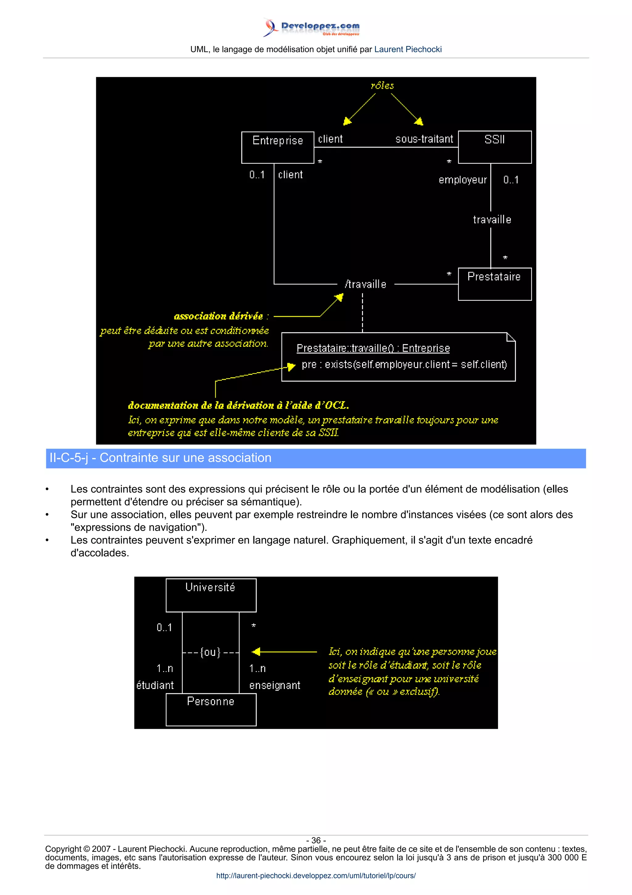 UML, le langage de modélisation objet unifié par Laurent Piechocki




    II-C-5-j - Contrainte sur une association

•      Les contraintes sont des expressions qui précisent le rôle ou la portée d'un élément de modélisation (elles
       permettent d'étendre ou préciser sa sémantique).
•      Sur une association, elles peuvent par exemple restreindre le nombre d'instances visées (ce sont alors des
       expressions de navigation).
•      Les contraintes peuvent s'exprimer en langage naturel. Graphiquement, il s'agit d'un texte encadré
       d'accolades.




                                                                     - 36 -
Copyright © 2007 - Laurent Piechocki. Aucune reproduction, même partielle, ne peut être faite de ce site et de l'ensemble de son contenu : textes,
documents, images, etc sans l'autorisation expresse de l'auteur. Sinon vous encourez selon la loi jusqu'à 3 ans de prison et jusqu'à 300 000 E
de dommages et intérêts.
                                              http://laurent-piechocki.developpez.com/uml/tutoriel/lp/cours/
 