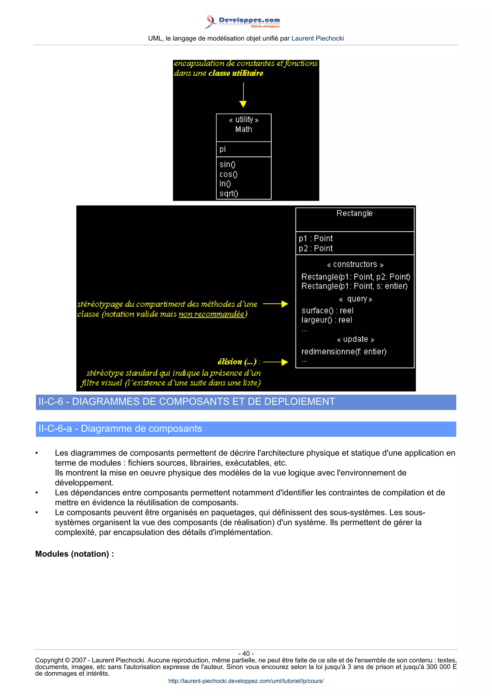 UML, le langage de modélisation objet unifié par Laurent Piechocki




    II-C-6 - DIAGRAMMES DE COMPOSANTS ET DE DEPLOIEMENT

    II-C-6-a - Diagramme de composants

•      Les diagrammes de composants permettent de décrire l'architecture physique et statique d'une application en
       terme de modules : fichiers sources, librairies, exécutables, etc.
       Ils montrent la mise en oeuvre physique des modèles de la vue logique avec l'environnement de
       développement.
•      Les dépendances entre composants permettent notamment d'identifier les contraintes de compilation et de
       mettre en évidence la réutilisation de composants.
•      Le composants peuvent être organisés en paquetages, qui définissent des sous-systèmes. Les sous-
       systèmes organisent la vue des composants (de réalisation) d'un système. Ils permettent de gérer la
       complexité, par encapsulation des détails d'implémentation.

Modules (notation) :




                                                                     - 40 -
Copyright © 2007 - Laurent Piechocki. Aucune reproduction, même partielle, ne peut être faite de ce site et de l'ensemble de son contenu : textes,
documents, images, etc sans l'autorisation expresse de l'auteur. Sinon vous encourez selon la loi jusqu'à 3 ans de prison et jusqu'à 300 000 E
de dommages et intérêts.
                                              http://laurent-piechocki.developpez.com/uml/tutoriel/lp/cours/
 