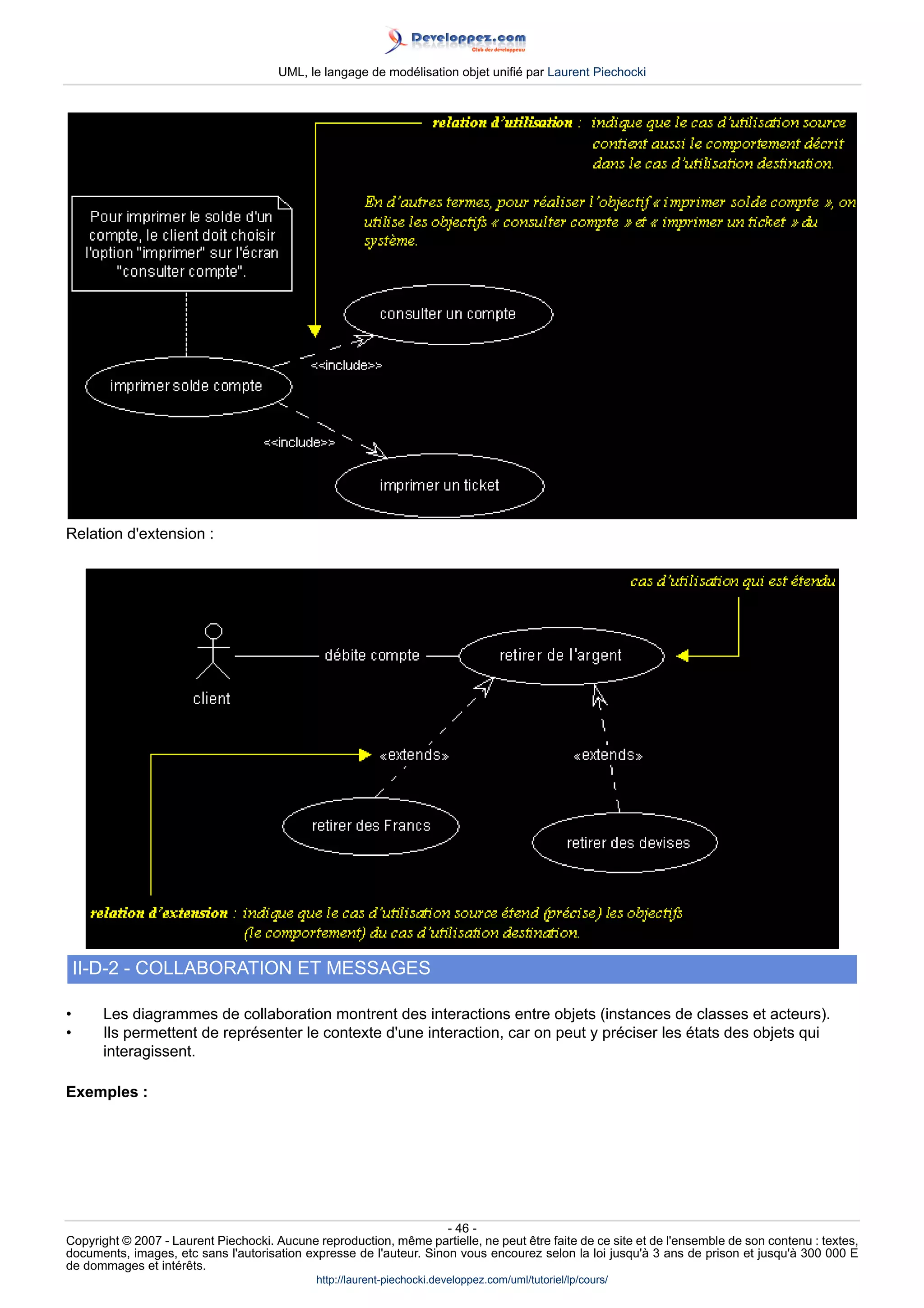 UML, le langage de modélisation objet unifié par Laurent Piechocki




Relation d'extension :




    II-D-2 - COLLABORATION ET MESSAGES

•     Les diagrammes de collaboration montrent des interactions entre objets (instances de classes et acteurs).
•     Ils permettent de représenter le contexte d'une interaction, car on peut y préciser les états des objets qui
      interagissent.

Exemples :




                                                                     - 46 -
Copyright © 2007 - Laurent Piechocki. Aucune reproduction, même partielle, ne peut être faite de ce site et de l'ensemble de son contenu : textes,
documents, images, etc sans l'autorisation expresse de l'auteur. Sinon vous encourez selon la loi jusqu'à 3 ans de prison et jusqu'à 300 000 E
de dommages et intérêts.
                                              http://laurent-piechocki.developpez.com/uml/tutoriel/lp/cours/
 
