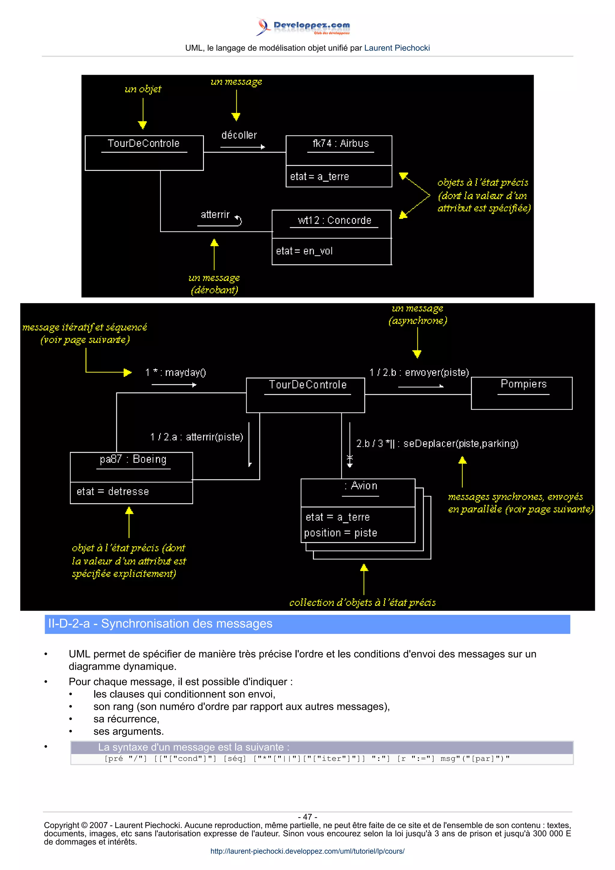 UML, le langage de modélisation objet unifié par Laurent Piechocki




    II-D-2-a - Synchronisation des messages

•      UML permet de spécifier de manière très précise l'ordre et les conditions d'envoi des messages sur un
       diagramme dynamique.
•      Pour chaque message, il est possible d'indiquer :
       •    les clauses qui conditionnent son envoi,
       •    son rang (son numéro d'ordre par rapport aux autres messages),
       •    sa récurrence,
       •    ses arguments.
•              La syntaxe d'un message est la suivante :
                [pré /] [[[cond]] [séq] [*[||][[iter]]] :] [r :=] msg([par])




                                                                     - 47 -
Copyright © 2007 - Laurent Piechocki. Aucune reproduction, même partielle, ne peut être faite de ce site et de l'ensemble de son contenu : textes,
documents, images, etc sans l'autorisation expresse de l'auteur. Sinon vous encourez selon la loi jusqu'à 3 ans de prison et jusqu'à 300 000 E
de dommages et intérêts.
                                              http://laurent-piechocki.developpez.com/uml/tutoriel/lp/cours/
 
