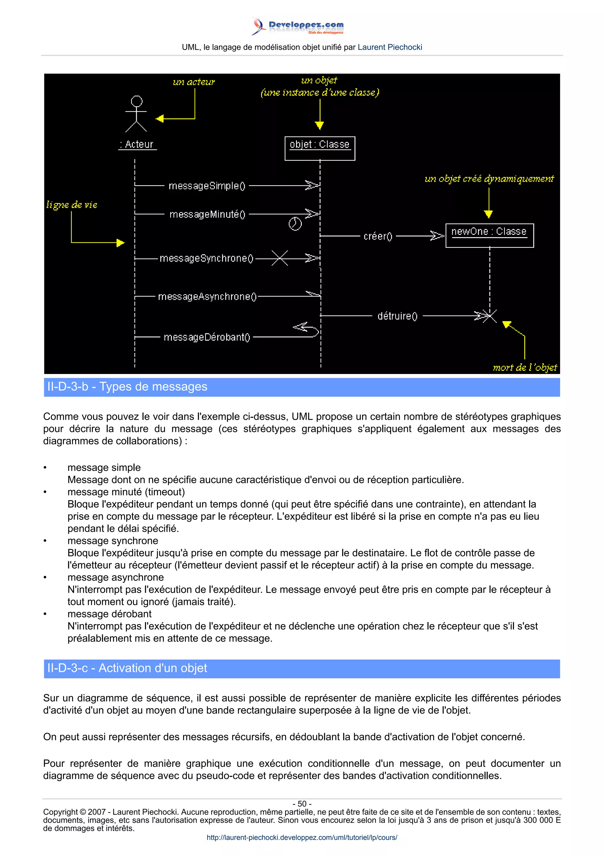 UML, le langage de modélisation objet unifié par Laurent Piechocki




    II-D-3-b - Types de messages

Comme vous pouvez le voir dans l'exemple ci-dessus, UML propose un certain nombre de stéréotypes graphiques
pour décrire la nature du message (ces stéréotypes graphiques s'appliquent également aux messages des
diagrammes de collaborations) :

•       message simple
        Message dont on ne spécifie aucune caractéristique d'envoi ou de réception particulière.
•       message minuté (timeout)
        Bloque l'expéditeur pendant un temps donné (qui peut être spécifié dans une contrainte), en attendant la
        prise en compte du message par le récepteur. L'expéditeur est libéré si la prise en compte n'a pas eu lieu
        pendant le délai spécifié.
•       message synchrone
        Bloque l'expéditeur jusqu'à prise en compte du message par le destinataire. Le flot de contrôle passe de
        l'émetteur au récepteur (l'émetteur devient passif et le récepteur actif) à la prise en compte du message.
•       message asynchrone
        N'interrompt pas l'exécution de l'expéditeur. Le message envoyé peut être pris en compte par le récepteur à
        tout moment ou ignoré (jamais traité).
•       message dérobant
        N'interrompt pas l'exécution de l'expéditeur et ne déclenche une opération chez le récepteur que s'il s'est
        préalablement mis en attente de ce message.

    II-D-3-c - Activation d'un objet

Sur un diagramme de séquence, il est aussi possible de représenter de manière explicite les différentes périodes
d'activité d'un objet au moyen d'une bande rectangulaire superposée à la ligne de vie de l'objet.

On peut aussi représenter des messages récursifs, en dédoublant la bande d'activation de l'objet concerné.

Pour représenter de manière graphique une exécution conditionnelle d'un message, on peut documenter un
diagramme de séquence avec du pseudo-code et représenter des bandes d'activation conditionnelles.

                                                                     - 50 -
Copyright © 2007 - Laurent Piechocki. Aucune reproduction, même partielle, ne peut être faite de ce site et de l'ensemble de son contenu : textes,
documents, images, etc sans l'autorisation expresse de l'auteur. Sinon vous encourez selon la loi jusqu'à 3 ans de prison et jusqu'à 300 000 E
de dommages et intérêts.
                                              http://laurent-piechocki.developpez.com/uml/tutoriel/lp/cours/
 