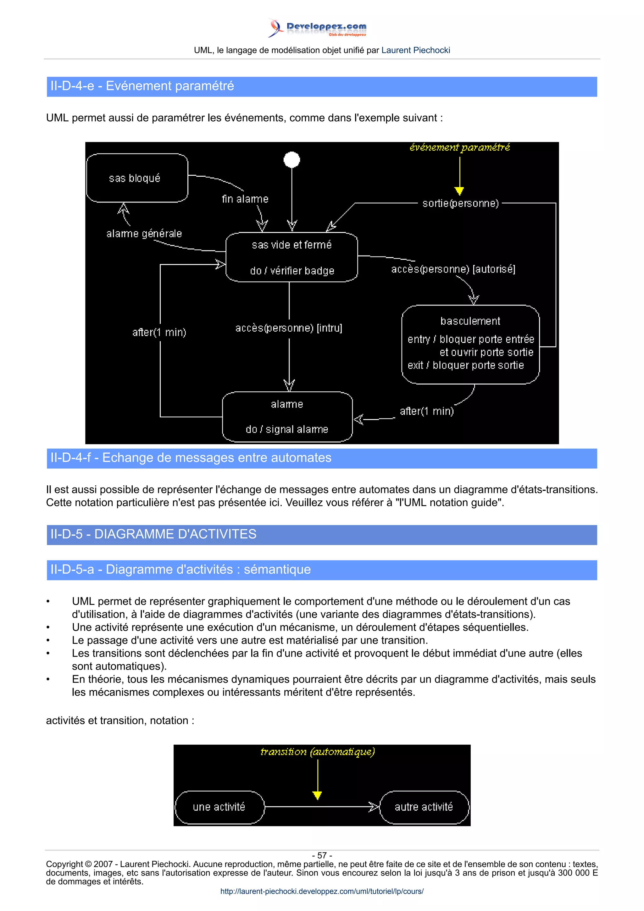 UML, le langage de modélisation objet unifié par Laurent Piechocki



    II-D-4-e - Evénement paramétré

UML permet aussi de paramétrer les événements, comme dans l'exemple suivant :




    II-D-4-f - Echange de messages entre automates

Il est aussi possible de représenter l'échange de messages entre automates dans un diagramme d'états-transitions.
Cette notation particulière n'est pas présentée ici. Veuillez vous référer à l'UML notation guide.

    II-D-5 - DIAGRAMME D'ACTIVITES

    II-D-5-a - Diagramme d'activités : sémantique

•      UML permet de représenter graphiquement le comportement d'une méthode ou le déroulement d'un cas
       d'utilisation, à l'aide de diagrammes d'activités (une variante des diagrammes d'états-transitions).
•      Une activité représente une exécution d'un mécanisme, un déroulement d'étapes séquentielles.
•      Le passage d'une activité vers une autre est matérialisé par une transition.
•      Les transitions sont déclenchées par la fin d'une activité et provoquent le début immédiat d'une autre (elles
       sont automatiques).
•      En théorie, tous les mécanismes dynamiques pourraient être décrits par un diagramme d'activités, mais seuls
       les mécanismes complexes ou intéressants méritent d'être représentés.

activités et transition, notation :




                                                                     - 57 -
Copyright © 2007 - Laurent Piechocki. Aucune reproduction, même partielle, ne peut être faite de ce site et de l'ensemble de son contenu : textes,
documents, images, etc sans l'autorisation expresse de l'auteur. Sinon vous encourez selon la loi jusqu'à 3 ans de prison et jusqu'à 300 000 E
de dommages et intérêts.
                                              http://laurent-piechocki.developpez.com/uml/tutoriel/lp/cours/
 