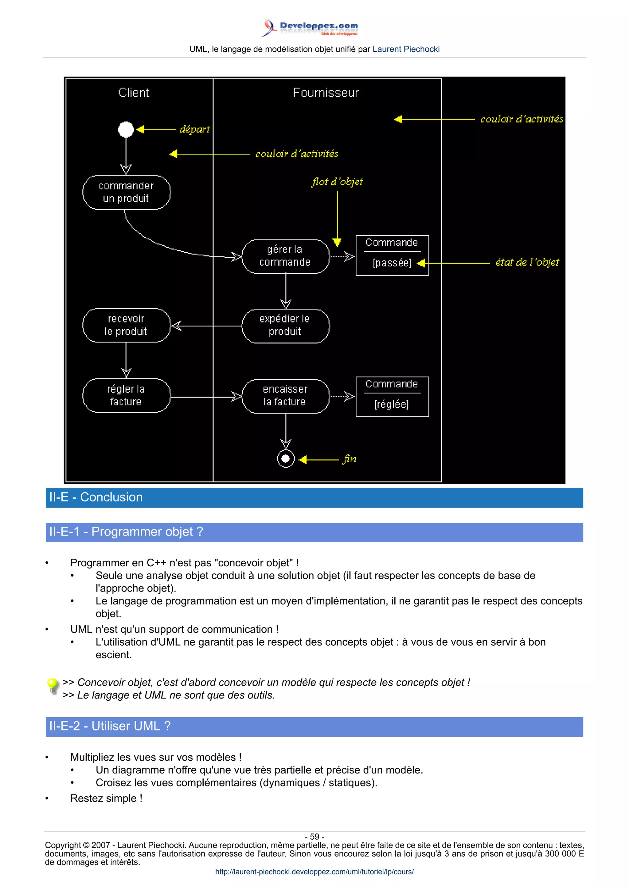 UML, le langage de modélisation objet unifié par Laurent Piechocki




    II-E - Conclusion

    II-E-1 - Programmer objet ?

•      Programmer en C++ n'est pas concevoir objet !
       •    Seule une analyse objet conduit à une solution objet (il faut respecter les concepts de base de
            l'approche objet).
       •    Le langage de programmation est un moyen d'implémentation, il ne garantit pas le respect des concepts
            objet.
•      UML n'est qu'un support de communication !
       •    L'utilisation d'UML ne garantit pas le respect des concepts objet : à vous de vous en servir à bon
            escient.

       Concevoir objet, c'est d'abord concevoir un modèle qui respecte les concepts objet !
       Le langage et UML ne sont que des outils.

    II-E-2 - Utiliser UML ?

•      Multipliez les vues sur vos modèles !
       •     Un diagramme n'offre qu'une vue très partielle et précise d'un modèle.
       •     Croisez les vues complémentaires (dynamiques / statiques).
•      Restez simple !


                                                                     - 59 -
Copyright © 2007 - Laurent Piechocki. Aucune reproduction, même partielle, ne peut être faite de ce site et de l'ensemble de son contenu : textes,
documents, images, etc sans l'autorisation expresse de l'auteur. Sinon vous encourez selon la loi jusqu'à 3 ans de prison et jusqu'à 300 000 E
de dommages et intérêts.
                                              http://laurent-piechocki.developpez.com/uml/tutoriel/lp/cours/
 