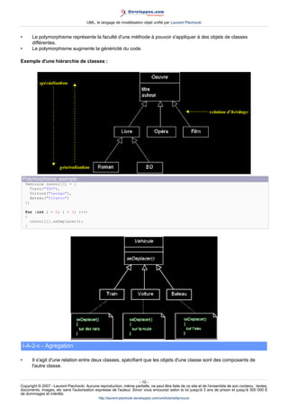 UML, le langage de modélisation objet unifié par Laurent Piechocki


•       Le polymorphisme représente la faculté d'une méthode à pouvoir s'appliquer à des objets de classes
        différentes.
•       Le polymorphisme augmente la généricité du code.

Exemple d'une hiérarchie de classes :




    Polymorphisme, exemple :
     Vehicule convoi[3] = {
        Train(TGV),
        Voiture(twingo),
        Bateau(Titanic)
     };

     for (int i = 0; i  3; i++)
     {
       convoi[i].seDeplacer();
     }




    I-A-2-c - Agrégation

•       Il s'agit d'une relation entre deux classes, spécifiant que les objets d'une classe sont des composants de
        l'autre classe.


                                                                     - 10 -
Copyright © 2007 - Laurent Piechocki. Aucune reproduction, même partielle, ne peut être faite de ce site et de l'ensemble de son contenu : textes,
documents, images, etc sans l'autorisation expresse de l'auteur. Sinon vous encourez selon la loi jusqu'à 3 ans de prison et jusqu'à 300 000 E
de dommages et intérêts.
                                              http://laurent-piechocki.developpez.com/uml/tutoriel/lp/cours/
 