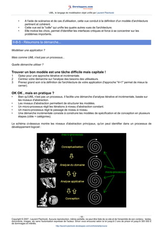 UML, le langage de modélisation objet unifié par Laurent Piechocki


       •     A l'aide de scénarios et de cas d'utilisation, cette vue conduit à la définition d'un modèle d'architecture
             pertinent et cohérent.
       •     Cette vue est la colle qui unifie les quatre autres vues de l'architecture.
       •     Elle motive les choix, permet d'identifier les interfaces critiques et force à se concentrer sur les
             problèmes importants.

    II-B-5 - Résumons la démarche...

Modéliser une application ?

Mais comme UML n'est pas un processus...

Quelle démarche utiliser ?

Trouver un bon modèle est une tâche difficile mais capitale !
1      Optez pour une approche itérative et incrémentale.
2      Centrez votre démarche sur l'analyse des besoins des utilisateurs.
3      Prenez grand soin à la définition de l'architecture de votre application (l'approche 4+1 permet de mieux la
       cerner).

OK OK , mais en pratique ?
•      Bien qu'UML n'est pas un processus, il facilite une démarche d'analyse itérative et incrémentale, basée sur
       les niveaux d'abstraction.
•      Les niveaux d'abstraction permettent de structurer les modèles.
•      Un micro-processus régit les itérations à niveau d'abstraction constant.
•      Un macro-processus régit le passage de niveau à niveau.
•      Une démarche incrémentale consiste à construire les modèles de spécification et de conception en plusieurs
       étapes (cible = catégories).

Le schéma ci-dessous montre les niveaux d'abstraction principaux, qu'on peut identifier dans un processus de
développement logiciel :




                                                                     - 18 -
Copyright © 2007 - Laurent Piechocki. Aucune reproduction, même partielle, ne peut être faite de ce site et de l'ensemble de son contenu : textes,
documents, images, etc sans l'autorisation expresse de l'auteur. Sinon vous encourez selon la loi jusqu'à 3 ans de prison et jusqu'à 300 000 E
de dommages et intérêts.
                                              http://laurent-piechocki.developpez.com/uml/tutoriel/lp/cours/
 