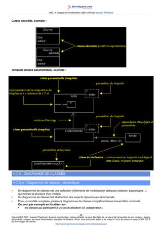 UML, le langage de modélisation objet unifié par Laurent Piechocki


Classe abstraite, exemple :




Template (classe paramétrable), exemple :




    II-C-5 - DIAGRAMME DE CLASSES

    II-C-5-a - Diagramme de classes : sémantique

•      Un diagramme de classes est une collection d'éléments de modélisation statiques (classes, paquetages...),
       qui montre la structure d'un modèle.
•      Un diagramme de classes fait abstraction des aspects dynamiques et temporels.
•      Pour un modèle complexe, plusieurs diagrammes de classes complémentaires doivent être construits.
       On peut par exemple se focaliser sur :
       •    les classes qui participent à un cas d'utilisation (cf. collaboration),

                                                                     - 28 -
Copyright © 2007 - Laurent Piechocki. Aucune reproduction, même partielle, ne peut être faite de ce site et de l'ensemble de son contenu : textes,
documents, images, etc sans l'autorisation expresse de l'auteur. Sinon vous encourez selon la loi jusqu'à 3 ans de prison et jusqu'à 300 000 E
de dommages et intérêts.
                                              http://laurent-piechocki.developpez.com/uml/tutoriel/lp/cours/
 
