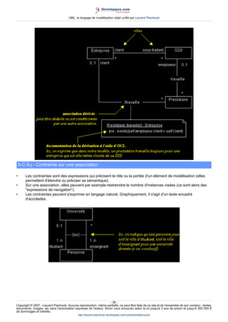 UML, le langage de modélisation objet unifié par Laurent Piechocki




    II-C-5-j - Contrainte sur une association

•      Les contraintes sont des expressions qui précisent le rôle ou la portée d'un élément de modélisation (elles
       permettent d'étendre ou préciser sa sémantique).
•      Sur une association, elles peuvent par exemple restreindre le nombre d'instances visées (ce sont alors des
       expressions de navigation).
•      Les contraintes peuvent s'exprimer en langage naturel. Graphiquement, il s'agit d'un texte encadré
       d'accolades.




                                                                     - 36 -
Copyright © 2007 - Laurent Piechocki. Aucune reproduction, même partielle, ne peut être faite de ce site et de l'ensemble de son contenu : textes,
documents, images, etc sans l'autorisation expresse de l'auteur. Sinon vous encourez selon la loi jusqu'à 3 ans de prison et jusqu'à 300 000 E
de dommages et intérêts.
                                              http://laurent-piechocki.developpez.com/uml/tutoriel/lp/cours/
 