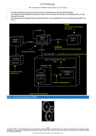 UML, le langage de modélisation objet unifié par Laurent Piechocki


       La nature des lignes de communication et leurs caractéristiques peuvent être précisées.
•      Les diagrammes de déploiement peuvent montrer des instances de noeuds (un matériel précis), ou des
       classes de noeuds.
•      Les diagrammes de déploiement correspondent à la vue de déploiement d'une architecture logicielle (vue
       4+1).




    II-D - Les vues dynamiques d'UML




                                                                     - 42 -
Copyright © 2007 - Laurent Piechocki. Aucune reproduction, même partielle, ne peut être faite de ce site et de l'ensemble de son contenu : textes,
documents, images, etc sans l'autorisation expresse de l'auteur. Sinon vous encourez selon la loi jusqu'à 3 ans de prison et jusqu'à 300 000 E
de dommages et intérêts.
                                              http://laurent-piechocki.developpez.com/uml/tutoriel/lp/cours/
 