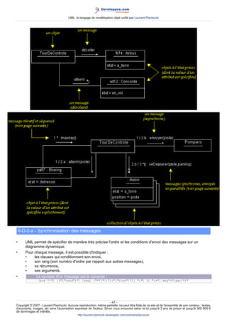 UML, le langage de modélisation objet unifié par Laurent Piechocki




    II-D-2-a - Synchronisation des messages

•      UML permet de spécifier de manière très précise l'ordre et les conditions d'envoi des messages sur un
       diagramme dynamique.
•      Pour chaque message, il est possible d'indiquer :
       •    les clauses qui conditionnent son envoi,
       •    son rang (son numéro d'ordre par rapport aux autres messages),
       •    sa récurrence,
       •    ses arguments.
•              La syntaxe d'un message est la suivante :
                [pré /] [[[cond]] [séq] [*[||][[iter]]] :] [r :=] msg([par])




                                                                     - 47 -
Copyright © 2007 - Laurent Piechocki. Aucune reproduction, même partielle, ne peut être faite de ce site et de l'ensemble de son contenu : textes,
documents, images, etc sans l'autorisation expresse de l'auteur. Sinon vous encourez selon la loi jusqu'à 3 ans de prison et jusqu'à 300 000 E
de dommages et intérêts.
                                              http://laurent-piechocki.developpez.com/uml/tutoriel/lp/cours/
 