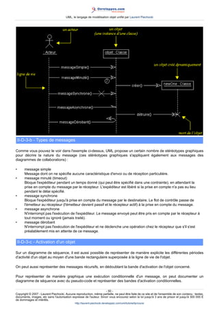 UML, le langage de modélisation objet unifié par Laurent Piechocki




    II-D-3-b - Types de messages

Comme vous pouvez le voir dans l'exemple ci-dessus, UML propose un certain nombre de stéréotypes graphiques
pour décrire la nature du message (ces stéréotypes graphiques s'appliquent également aux messages des
diagrammes de collaborations) :

•       message simple
        Message dont on ne spécifie aucune caractéristique d'envoi ou de réception particulière.
•       message minuté (timeout)
        Bloque l'expéditeur pendant un temps donné (qui peut être spécifié dans une contrainte), en attendant la
        prise en compte du message par le récepteur. L'expéditeur est libéré si la prise en compte n'a pas eu lieu
        pendant le délai spécifié.
•       message synchrone
        Bloque l'expéditeur jusqu'à prise en compte du message par le destinataire. Le flot de contrôle passe de
        l'émetteur au récepteur (l'émetteur devient passif et le récepteur actif) à la prise en compte du message.
•       message asynchrone
        N'interrompt pas l'exécution de l'expéditeur. Le message envoyé peut être pris en compte par le récepteur à
        tout moment ou ignoré (jamais traité).
•       message dérobant
        N'interrompt pas l'exécution de l'expéditeur et ne déclenche une opération chez le récepteur que s'il s'est
        préalablement mis en attente de ce message.

    II-D-3-c - Activation d'un objet

Sur un diagramme de séquence, il est aussi possible de représenter de manière explicite les différentes périodes
d'activité d'un objet au moyen d'une bande rectangulaire superposée à la ligne de vie de l'objet.

On peut aussi représenter des messages récursifs, en dédoublant la bande d'activation de l'objet concerné.

Pour représenter de manière graphique une exécution conditionnelle d'un message, on peut documenter un
diagramme de séquence avec du pseudo-code et représenter des bandes d'activation conditionnelles.

                                                                     - 50 -
Copyright © 2007 - Laurent Piechocki. Aucune reproduction, même partielle, ne peut être faite de ce site et de l'ensemble de son contenu : textes,
documents, images, etc sans l'autorisation expresse de l'auteur. Sinon vous encourez selon la loi jusqu'à 3 ans de prison et jusqu'à 300 000 E
de dommages et intérêts.
                                              http://laurent-piechocki.developpez.com/uml/tutoriel/lp/cours/
 