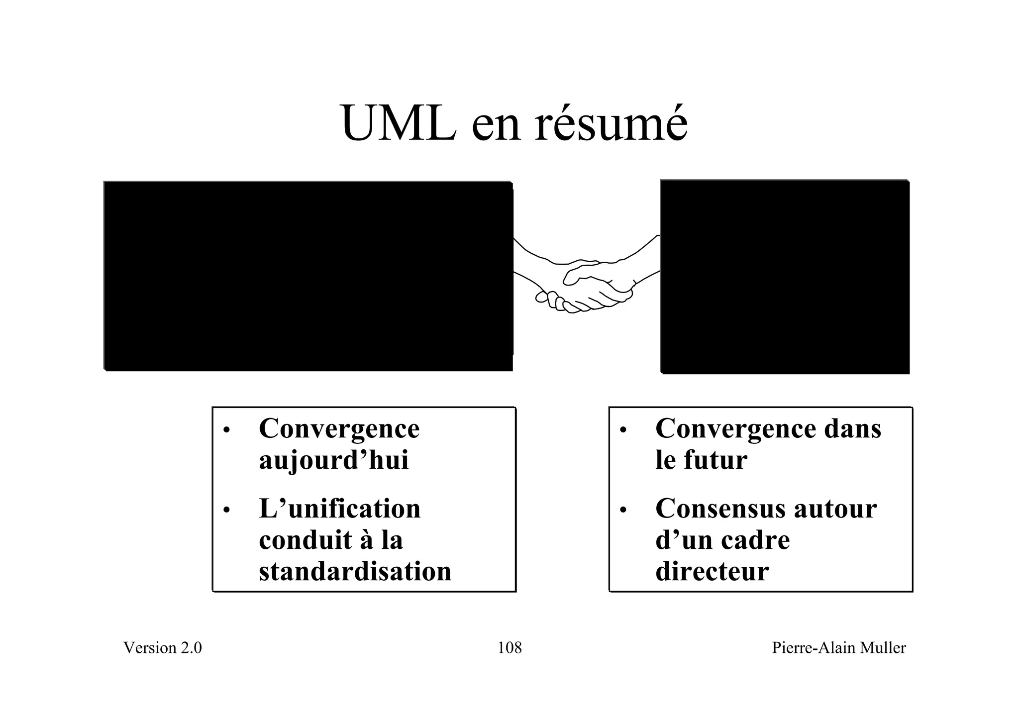 UML en résumé
       Un langage                                 Vers un
     de modélisation                             processus
         unifié                                    unifié

              •   Convergence             •   Convergence dans
                  aujourd’hui                 le futur
              •   L’unification           •   Consensus autour
                  conduit à la                d’un cadre
                  standardisation             directeur

Version 2.0                         108               Pierre-Alain Muller
 