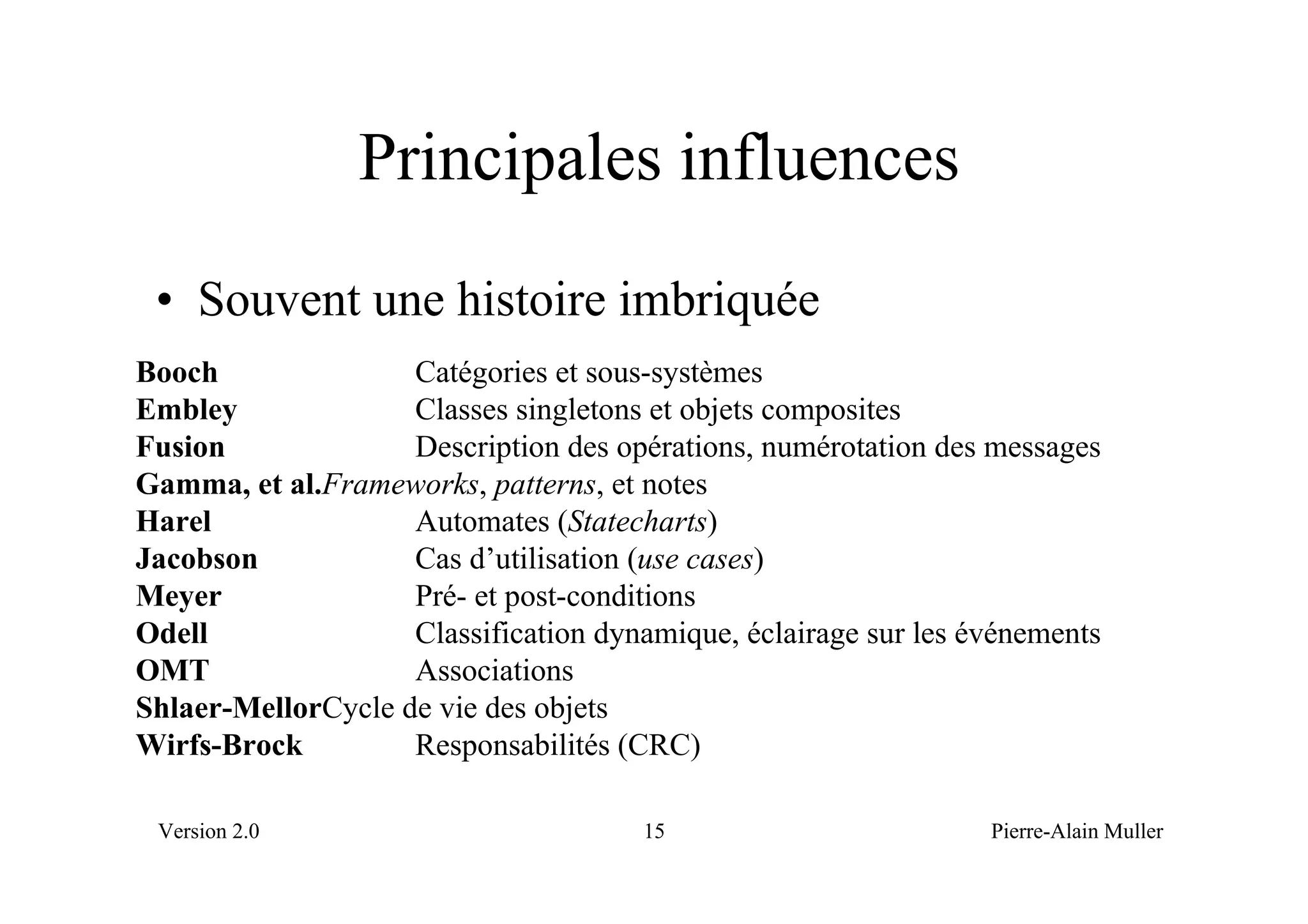 Principales influences
 • Souvent une histoire imbriquée
Booch               Catégories et sous-systèmes
Embley              Classes singletons et objets composites
Fusion              Description des opérations, numérotation des messages
Gamma, et al.Frameworks, patterns, et notes
Harel               Automates (Statecharts)
Jacobson            Cas d’utilisation (use cases)
Meyer               Pré- et post-conditions
Odell               Classification dynamique, éclairage sur les événements
OMT                 Associations
Shlaer-MellorCycle de vie des objets
Wirfs-Brock         Responsabilités (CRC)

 Version 2.0                          15                         Pierre-Alain Muller
 
