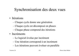 Synchronisation des deux vues
• Itérations
     – Chaque cycle donne une génération
     – Chaque cycle est décomposé en phases
     – Chaque phase comprend des itérations
• Incréments
     – Le logiciel évolue par incrément
     – Une itération correspond à un incrément
     – Les itérations peuvent évoluer en parallèle
Version 2.0                  105                     Pierre-Alain Muller
 