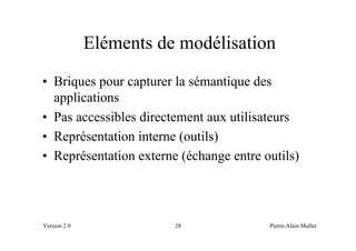 Eléments de modélisation
• Briques pour capturer la sémantique des
  applications
• Pas accessibles directement aux utilisateurs
• Représentation interne (outils)
• Représentation externe (échange entre outils)




Version 2.0              28              Pierre-Alain Muller
 