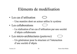 Eléments de modélisation
• Les cas d’utilisation
     – Une manière dont un acteur utilise le système
• Les collaborations
     – La réalisation d’un cas d’utilisation par une société
       d’objets collaborants
• Les micro-architectures (patterns)
     – Un générateur pour la structure et l’interaction
       d’une société d’objets
Version 2.0                   30                   Pierre-Alain Muller
 