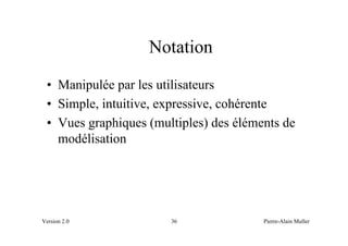Notation
 • Manipulée par les utilisateurs
 • Simple, intuitive, expressive, cohérente
 • Vues graphiques (multiples) des éléments de
   modélisation




Version 2.0            36               Pierre-Alain Muller
 