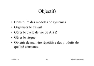 Objectifs

•   Construire des modèles de systèmes
•   Organiser le travail
•   Gérer le cycle de vie de A à Z
•   Gérer le risque
•   Obtenir de manière répétitive des produits de
    qualité constante


Version 2.0               82               Pierre-Alain Muller
 