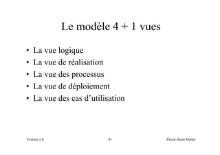 Le modèle 4 + 1 vues
•   La vue logique
•   La vue de réalisation
•   La vue des processus
•   La vue de déploiement
•   La vue des cas d’utilisation



Version 2.0               91         Pierre-Alain Muller
 