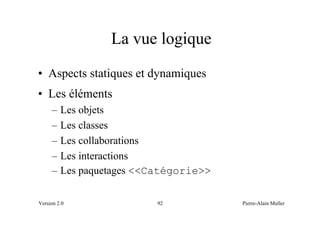 La vue logique
• Aspects statiques et dynamiques
• Les éléments
     –   Les objets
     –   Les classes
     –   Les collaborations
     –   Les interactions
     –   Les paquetages <<Catégorie>>

Version 2.0                92           Pierre-Alain Muller
 