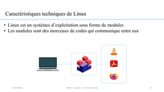 Caractéristiques techniques de Linux
• Linux est un systèmes d’exploitation sous forme de modules
• Les modules sont des morceaux de codes qui communique entre eux
19
05/10/2023 ERRAJI - Chapitre 1 - Introduction Unix
 