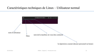 Caractéristiques techniques de Linux – Utilisateur normal
25
le répertoires courant (dossier personnel ou home)
Dans
nom de la machine où vous êtes connecté
nom d’utilisateur
05/10/2023 ERRAJI - Chapitre 1 - Introduction Unix
 