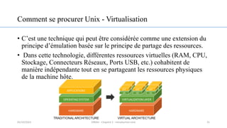 Comment se procurer Unix - Virtualisation
• C’est une technique qui peut être considérée comme une extension du
principe d’émulation basée sur le principe de partage des ressources.
• Dans cette technologie, différentes ressources virtuelles (RAM, CPU,
Stockage, Connecteurs Réseaux, Ports USB, etc.) cohabitent de
manière indépendante tout en se partageant les ressources physiques
de la machine hôte.
31
05/10/2023 ERRAJI - Chapitre 1 - Introduction Unix
 