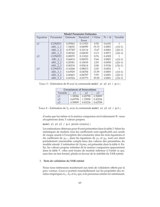 Model Parameter Estimates
Equation Parameter Estimate Standard t Value Pr > |t| Variable
Error
y1 CONST1 0.05963 0.11923 0.50 0.6181 1
AR1_1_1 1.34032 0.06999 19.15 0.0001 y1(t-1)
AR1_1_2 -0.57307 0.10114 -5.67 0.0001 y2(t-1)
AR1_1_3 0.00342 0.02639 0.13 0.8971 y3(t-1)
y2 CONST2 0.08955 0.11810 0.76 0.4502 1
AR1_2_1 0.66814 0.06933 9.64 0.0001 y1(t-1)
AR1_2_2 0.28381 0.10018 2.83 0.0056 y2(t-1)
AR1_2_3 0.00218 0.02614 0.08 0.9336 y3(t-1)
y3 CONST3 0.16268 0.08013 2.03 0.0451 1
AR1_3_1 0.63929 0.04704 13.59 0.0001 y1(t-1)
AR1_3_2 0.40463 0.06797 5.95 0.0001 y2(t-1)
AR1_3_3 0.69324 0.01773 39.09 0.0001 y3(t-1)
Table 3 – Estimation de Φ avec la commande model y1 y2 y3 / p=1 ;
Covariances of Innovations
Variable y1 y2 y3
y1 1.38586 0.69798 0.50899
y2 0.69798 1.35990 0.43236
y3 0.50899 0.43236 0.62598
Table 4 – Estimation de Σu avec la commande model y1 y2 y3 / p=1 ;
d’autre que lui-même et la matrice companion est évidemment Φ : nous
récupérerons donc 3 valeurs propres.
model y1 y2 y3 / p=1 print=(roots) ;
Les estimations obtenues pour Φ sont présentées dans la table 3. Selon les
statistiques de student, tous les coefficients sont significatifs aux seuils
de risque usuels à l’exception des constantes dans les trois équations et
du coefficient de y3t−1 dans les équations de y1t et y2t, tout ceci étant
parfaitement raisonnable compte-tenu des valeurs des paramètres du
modèle simulé. L’estimation de Sigmau est présentée dans la table 4. En-
fin, les valeurs propres estimées de la matrice companion apparaissent
dans la table 5 : elles sont toutes de module inférieur à l’unité ce qui,
sans être un test formel, plaide en faveur de la stabilité du VAR estimé.
3. Tests de validation du VAR estimé
Nous nous intéressons maintenant aux tests de validation offerts par la
proc varmax. Ceux-ci portent essentiellement sur les propriétés des ré-
sidus empiriques ˆu1t, ˆu2t et ˆu3t qui, si le processus estimé est satisfaisant,
65
 
