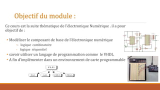 Objectif du module :
Ce cours est la suite thématique de l’électronique Numérique . il a pour
objectif de :
• Modéliser le composant de base de l’électronique numérique
◦- logique combinatoire
- logique séquentiel
• savoir utiliser un langage de programmation comme le VHDL
• A fin d’implémenter dans un environnement de carte programmable
 