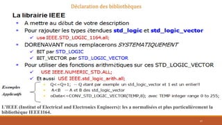 L’IEEE (Institut of Electrical and Electronics Engineers): les a normalisées et plus particulièrement la
bibliothèque IEEE1164.
47
Déclaration des bibliothèques
 