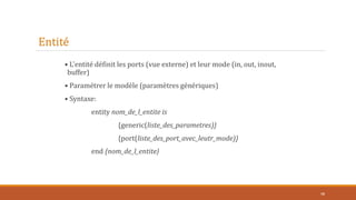• L'entité définit les ports (vue externe) et leur mode (in, out, inout,
buffer)
• Paramétrer le modèle (paramètres génériques)
• Syntaxe:
entity nom_de_l_entite is
{generic(liste_des_parametres)}
{port(liste_des_port_avec_leutr_mode)}
end {nom_de_l_entite}
48
Entité
 