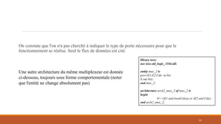 On constate que l'on n'a pas cherché à indiquer le type de porte nécessaire pour que le
fonctionnement se réalise. Seul le flux de données est cité.
61
library ieee;
use ieee.std_logic_1164.all;
entity mux_2 is
port (E1,E2,Cde: in bit;
S:out bit);
end mux_2;
architecture arch2_mux_2 of mux_2 is
begin
S<=(E1 and (not(Cde))) or (E2 and Cde);
end arch2_mux_2;
Une autre architecture du même multiplexeur est donnée
ci-dessous, toujours sous forme comportementale (noter
que l'entité ne change absolument pas)
 