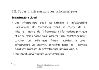 III. Types d'infrastructures informatiques
12 Cloud et virtualisation - Mme
DERBEL
Infrastructure cloud
⏵ Une infrastructure cloud est similaire à l'infrastructure
traditionnelle. Un fournisseur cloud se charge de la
mise en œuvre de l’infrastructure informatique physique
et de sa maintenance pour assurer son fonctionnement
continu. Les utilisateurs finaux accèdent à cette
infrastructure via Internet. Différents types de services
cloud sont proposés (du l’infrastructure jusqu’au logiciel).
coût locatif à payer suivant la consommation.
 
