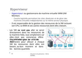 Hyperviseur
⏵ Hyperviseur: ou gestionnaire de machine virtuelle VMM (VM
Monitor)
⏵ Couche logicielle permettant de créer, d’exécuter et de gérer des
machines virtuelles indépendantes sur le même serveur physique.
⏵ Il est responsable de la gestion des ressources de la VM incluant
son CPU, sa RAM et ses autres ressources dont elle a besoin.
- Les VM ne vont pas aller se servir
directement dans les ressources de
la machine hôte, tout simplement car
elles n’ont pas conscience d’être
des VM hébergées sur un hôte.
33 Cloud et virtualisation - Mme
DERBEL
- L’hyperviseur joue le rôle de
chef
d’orchestre pour allouer à chaque
VM les ressources dont elles ont
besoin, au bon moment et dans
les bonnes quantités
 