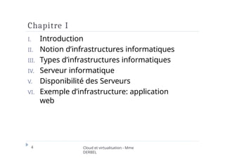 Chapitre I
4 Cloud et virtualisation - Mme
DERBEL
I. Introduction
II. Notion d’infrastructures informatiques
III. Types d’infrastructures informatiques
IV. Serveur informatique
V. Disponibilité des Serveurs
VI. Exemple d’infrastructure: application
web
 