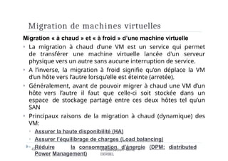 Migration de machines virtuelles
43 virtualisation- Mme
DERBEL
Migration « à chaud » et « à froid » d’une machine virtuelle
⏵ La migration à chaud d’une VM est un service qui permet
de transférer une machine virtuelle lancée d'un serveur
physique vers un autre sans aucune interruption de service.
⏵ A l’inverse, la migration à froid signifie qu’on déplace la VM
d’un hôte vers l’autre lorsqu’elle est éteinte (arretée).
⏵ Généralement, avant de pouvoir migrer à chaud une VM d’un
hôte vers l’autre il faut que celle-ci soit stockée dans un
espace de stockage partagé entre ces deux hôtes tel qu’un
SAN
⏵ Principaux raisons de la migration à chaud (dynamique) des
VM:
⏵ Assurer la haute disponibilité (HA)
⏵ Assurer l’équilibrage de charges (Load balancing)
⏵ Réduire la consommation d’énergie (DPM: distributed
Power Management)
 
