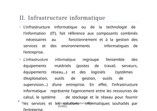 II. Infrastructure informatique
6 Cloud et virtualisation - Mme
DERBEL
⏵ L'infrastructure informatique ou de la technologie de
l'information (IT), fait référence aux composants combinés
nécessaires au fonctionnement et à la gestion des
services et des environnements informatiques de
l'entreprise.
⏵ L’infrastructure informatique regroupe l’ensemble des
équipements matériels (postes de travail, serveurs,
équipements réseau…) et des logiciels (systèmes
d’exploitation, outils de gestion, outils de
supervision…) d’une entreprise. En effet, l’infrastructure
informatique représente l’agencement entre les ressources de
calcul, le système de stockage et le réseau pour fournir
les services et les solutions informatiques souhaités par
l’entreprise.
 